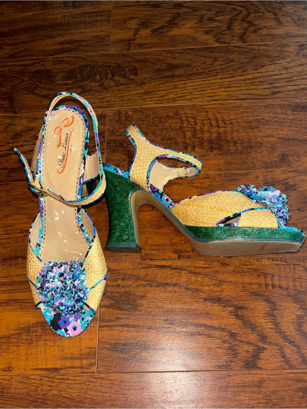 Poetic License London Slingback Pumps 4-inch Green Heel Whimsical Pom Pom Toe